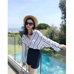 8269 loose v-neck long sleeve blue vertical stripes shirt