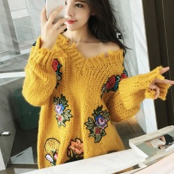 1912 retro long-sleeved V-neck torn tassel flowers embroidered loose knitted sweater