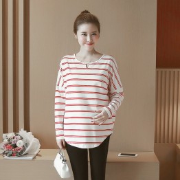 6681 # real shot 2017 autumn long-sleeved maternity pregnant women cotton stripes T-shirt cotton pregnant women coat T