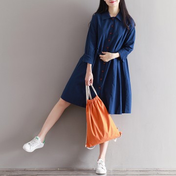 5827 # 2017 real shot art cotton and linen dress spring and autumn linen shirt skirt long sleeves loose outside Sen Sen