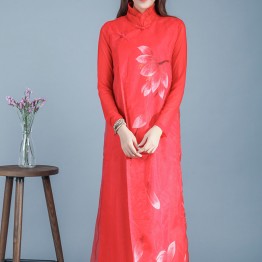 3386 national style collar long sleeves printing linen robe