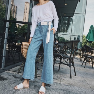 2720 ​​European station 2017 new denim wide leg pants female summer loose high waist decorated belt straight jeans