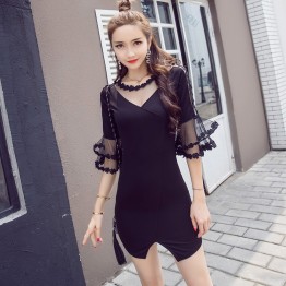 7136 lace perspective horn sleeve fashion nightclub sexy dress 