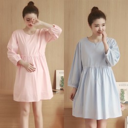 6652 # real shot 2017 autumn pregnant women dress fashion nine points sleeves pregnant women linen dress plus lined