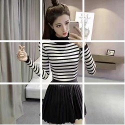 660 Korean fashion semi-high collar sweater striped knit bottom shirt