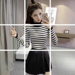 660 Korean fashion semi-high collar sweater striped knit bottom shirt