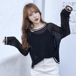 8089 Simple pattern hole transparent sunscreen long sleeve sweater