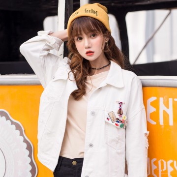 8655 retro badge loose long sleeve denim jacket