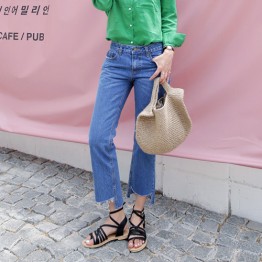 Student burr straight loose nine points high waist Harlan wide leg pants BF wind was thin casual jeans female # 9009