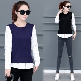 Real shot 2017 Korean stitch knitting female sets of fake two sets of sweaters women shirt shirt sweater women 9029