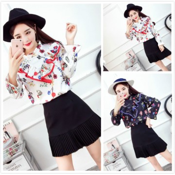 4323 Floral Printed Long Sleeve Shirt with High Waist Pleated Skirt