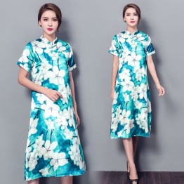 3551 Chinese style stand collar loose large dress printing improved cheongsam