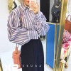 5205 Retro temperament vertical wide striped bubble sleeves lapel shirt