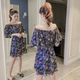 7210 boat neck temperament floral chiffon short sleeve dress