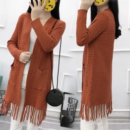 8001 autumn and winter pure color twist loose tassel pocket knitted sweater cardigan coat