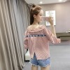 126 striped lotus leaf off shoulder sweet shirt