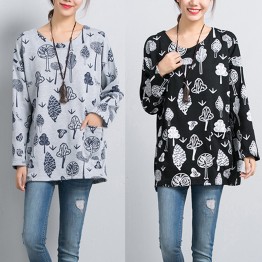 8266 plus size cotton printed long-sleeved round neck loose T-shirt