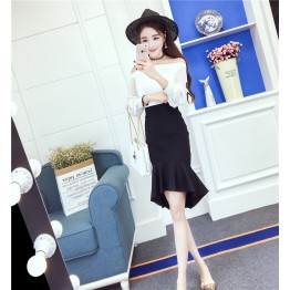 9156 sweet boat neck off shoulder shirt with irregular fishtail skirt