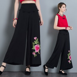 329 cotton and linen embroidery large size national wide leg pants