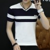 New summer new striped cotton stitching Slim short-sleeved V-neck men's T-shirt 2333