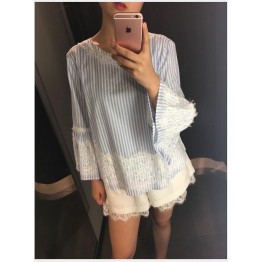 Real shot 801 # 2017 new blue and white vertical strip eyelash lace shirt back with flapping shirt shirt women