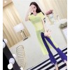 530 fashion sexy round neck short-sleeved split trasparent sweater + tassel micro-horn jeans