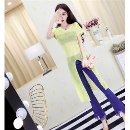 530 fashion sexy round neck short-sleeved split trasparent sweater + tassel micro-horn jeans