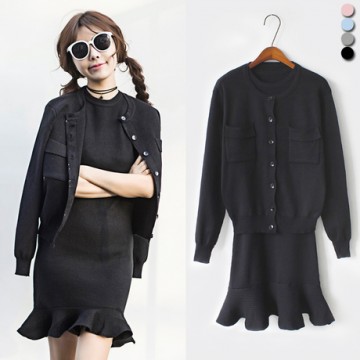 1130 Korean fashion slim long sleeve knit cardigan jacket and fish tail dress two pieces