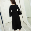 2017 spring and autumn 7 points sleeve V collar retro Slim dress pure black temperament split open dress