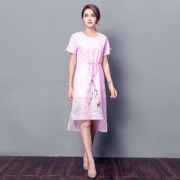 3518 silk-ramie short sleeve round neck drawstring print dress