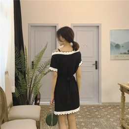 0156 Korean retro style wave off shoulder knit dress
