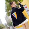 825 loose rainbow print hole embroidery denim jacket