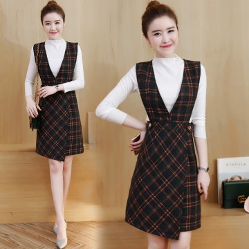 3803 women's temperament long sleeve shirt with plaid vest dress