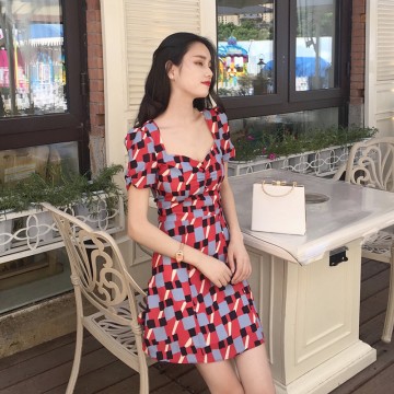 0157 Korea retro style printed casual slim dress