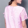 3518 silk-ramie short sleeve round neck drawstring print dress