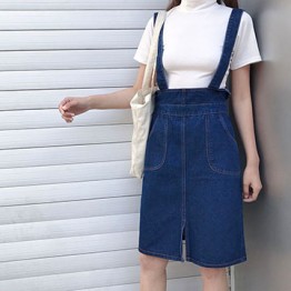 986 simple long elastic waist belt denim skirt