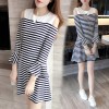 8534 off shoulder stripes fish tail dress