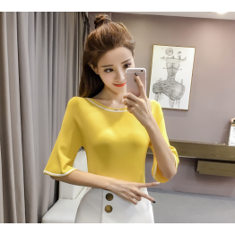 333 lotus sleeve contract color ice silk knitted shirt