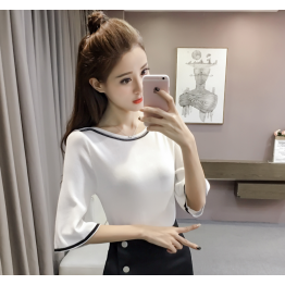 333 lotus sleeve contract color ice silk knitted shirt