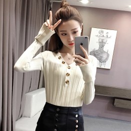 9060 trumpet sleeves slim V neck thin sweater