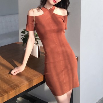 0148 Korea retro wind cross hanging neck off shoulder slim knit dress