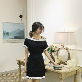 0156 Korean retro style wave off shoulder knit dress