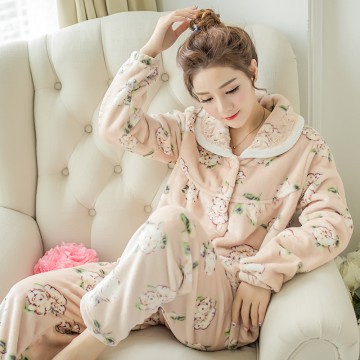 F8049 winter flannel thickening sweet floral pajamas