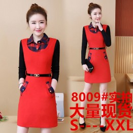 8009 autumn knitting sleeve lattice collar woolen dress