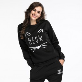 5529 hot sale round neck wool lining cat printing long sleeve T-shirt