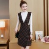 3803 women's temperament long sleeve shirt with plaid vest dress