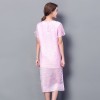 3518 silk-ramie short sleeve round neck drawstring print dress