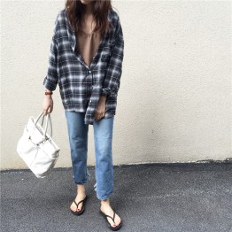 881 retro campus classic boyfriend style loose grid shirt