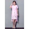 3518 silk-ramie short sleeve round neck drawstring print dress