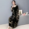 1309 black gold velvet mulberry silk blended retro printing dress